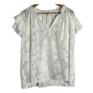 White Floral Blouse Top SZ XL Flutter Sleeves Semi Sheer Fairycore Ethereal Boho